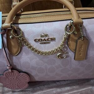 Coach Pink Signature Satchel with Tan Trim and Gold Hardware
